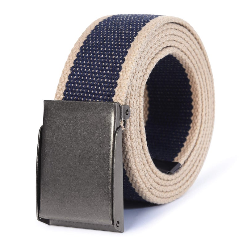 Mile High Life Canvas Web Belt | Cut to Fit Up to 52" | Flip-Top Matte Silver Nickel Buckle (Khaki Navy) - Image 1